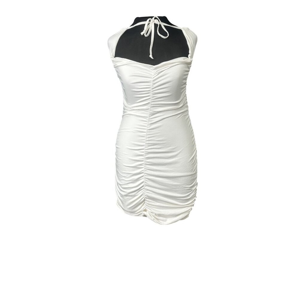 Shein White Ruched Halter Mini Dress With Open Back & Tie Details Size L